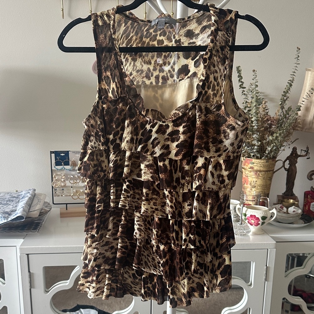 NY Collection Leopard Print Ruffled Tank Top